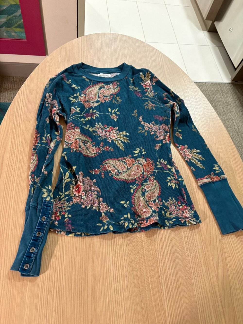 Sundance Floral Print Thermal Shirt Small Blue Long Sleeve Embellished Cuff Boho